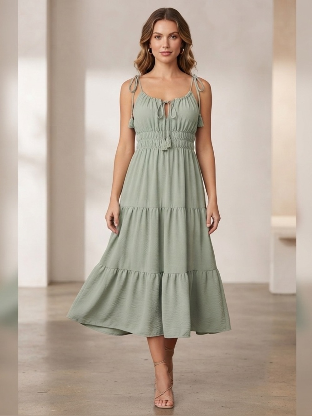 Almost Famous Sage Tiered Midi Dress with Tie Straps